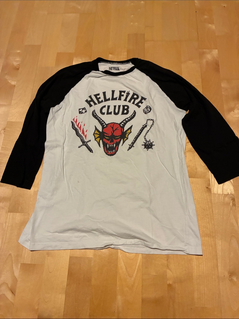 Netflix Hellfire Club Long Sleeve Raglan Tee - White & Black Medium